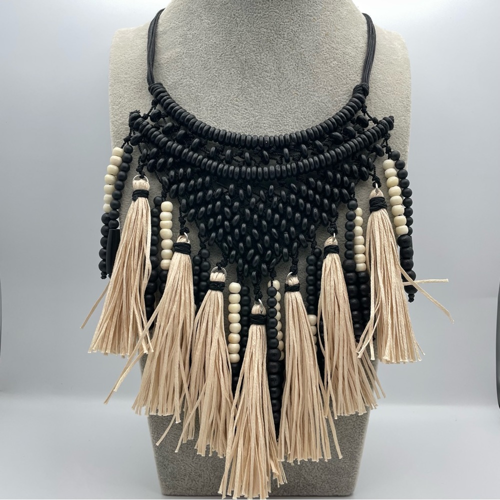 NWT CHICO’S Black Cream Beaded Boho Tassel Fringe Bib Necklace